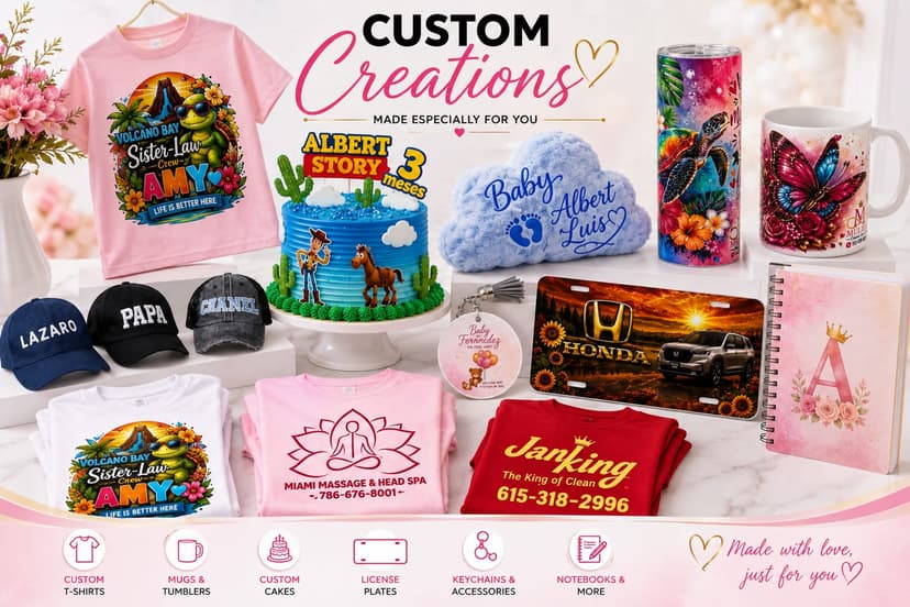 Variedad de creaciones personalizadas: camisetas, tazas, tumblers, placas y más