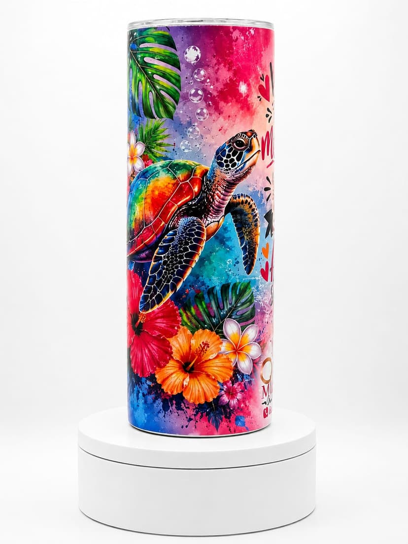 Tumbler personalizado con diseño tropical de tortuga