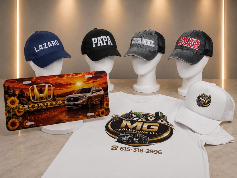 Gorras, placa y camiseta personalizadas para negocios